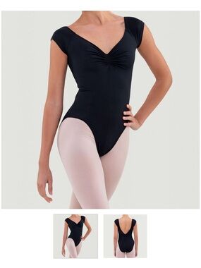 Bullet Pointe. Black Cap Sleeve Leotard,  V-Front and Open Back